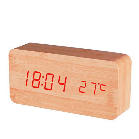 VIP WOODEN CLOCK RED LİGHT DİGİTAL KREM AHŞAP GÖRÜMÜMLÜ DİJİTAL SAAT SESE DUYARLI ALARM DERECE TARİH