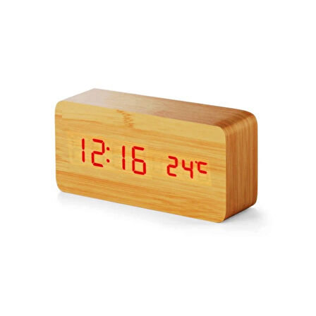 VIP WOODEN CLOCK RED LİGHT DİGİTAL KREM AHŞAP GÖRÜMÜMLÜ DİJİTAL SAAT SESE DUYARLI ALARM DERECE TARİH