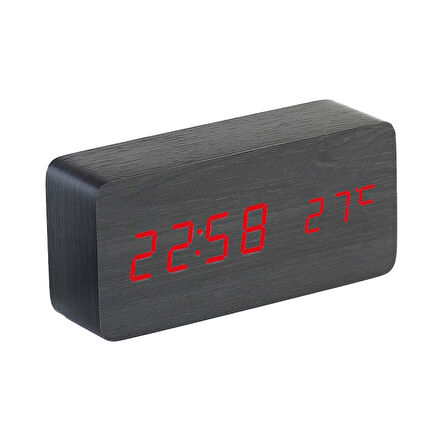 WOODEN CLOCK RED LİGHT DİGİTAL SİYAH AHŞAP GÖRÜMÜMLÜ DİJİTAL SAAT SESE DUYARLI ALARM DERECE TARİH