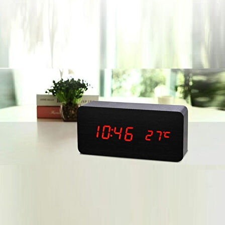 WOODEN CLOCK RED LİGHT DİGİTAL SİYAH AHŞAP GÖRÜMÜMLÜ DİJİTAL SAAT SESE DUYARLI ALARM DERECE TARİH