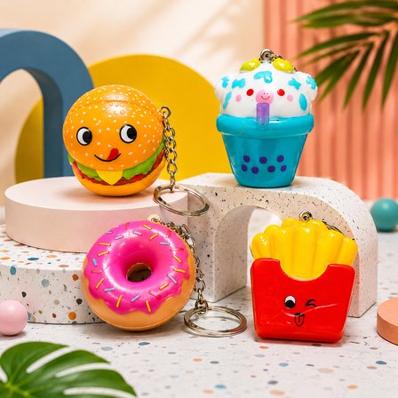 4 ADET MİNİ FAST FOOD SUKUŞİ SET YUMUŞAK DUYUSAL OYUNCAK HAMBURGER PATATES DONOLT CUPCAKE ANAHTARLIK