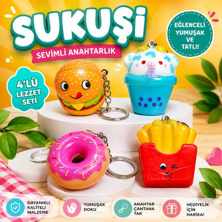 4 ADET MİNİ FAST FOOD SUKUŞİ SET YUMUŞAK DUYUSAL OYUNCAK HAMBURGER PATATES DONOLT CUPCAKE ANAHTARLIK