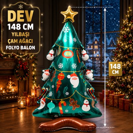 VIP YÜKSEK KALİTE  DEV 148CM SÜSLÜ YILBAŞI ÇAM AĞACI FOLYO BALON YILBAŞI AĞACI BALONU YILBAŞI BALONU