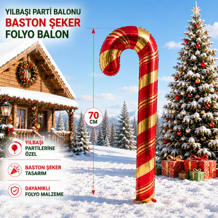 VIP 2 ADET 70 CM KIRMIZI GOLD BASTON ŞEKER FOLYO BALON GOLD KIRMIZI BASTON ŞEKER YILBAŞI BALONU