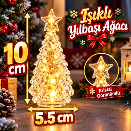 2 ADET KRİSTAL AMBER IŞIKLI MİNİ YILBAŞI ÇAM AĞACI KRİSTAL TEPE YILDIZLI NOEL AĞACI YILBAŞI AĞACI