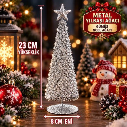 ÖZEL TASARIM METAL 23 CM GÜMÜŞ YILBAŞI AĞACI METAL PARLAK SİMLİ GÜMÜŞ NOEL AĞACI YILBAŞI ÇAM AĞACI