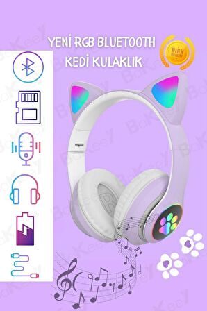 Çocuk Kulaklık Kedi Kulak Mikronlu Hafıza Kartı Led Işıklı Aux Kedili Kablosuz Bluetooth Kulaklık