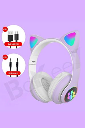 Çocuk Kulaklık Kedi Kulak Mikronlu Hafıza Kartı Led Işıklı Aux Kedili Kablosuz Bluetooth Kulaklık