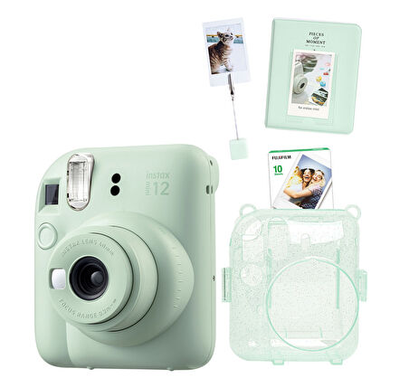 Fujifilm Instax Mini 12 10 Filmli Kıskaçlı Stand-PVC Albüm ve Simli Pleksi Kılıflı Yeşil Fotoğraf Ma