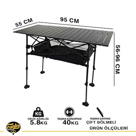 Caravan Class Katlanabilir Teleskopik Ayaklı Alüminyum Kamp Masası (95x55x68-96cm) Siyah