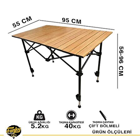 Falcon Katlanabilir Teleskopik Ayaklı Alüminyum Kamp Masası-(95x55x56-96cm) Ahşap Desen