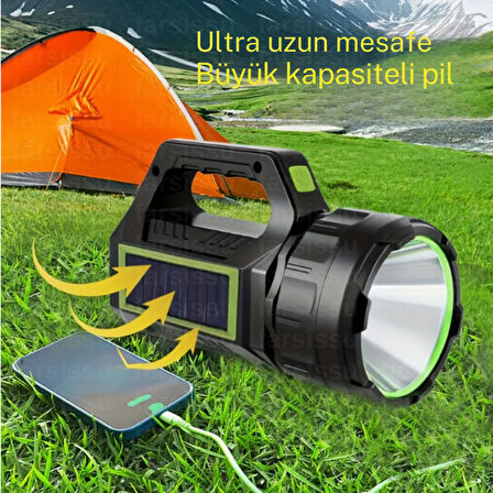 gold kama Ps-t95 10w Uzun Menzilli Solar Panelli Powerbank Usb Çıkış S.o.s Lu Ultra Güçlü Ledli Şarjlı Feneri