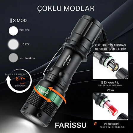 Gerçek Metal Gövde – Zoom Özellikli, Şarjlı, Su Geçirmez KM-109 El Feneri (3000 Lümen)