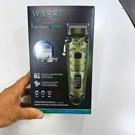 WAER WA-0143 Şarjlı Saç, Sakal ve Vücut Kesme Makinesi – 2000mAh Batarya, LCD Ekranlı, 4 Taraklı