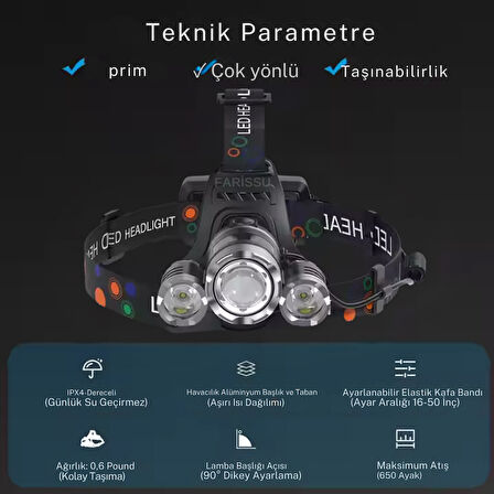 3xT6 Şarjlı Kafa Feneri | 3 LED | 6800mAh 2 Adet 18650 Pil | Su Geçirmez | Araba & Prizden Şarj | Kamp Av Farı