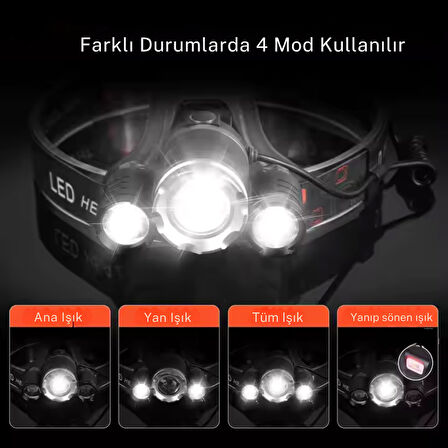 3xT6 Şarjlı Kafa Feneri | 3 LED | 6800mAh 2 Adet 18650 Pil | Su Geçirmez | Araba & Prizden Şarj | Kamp Av Farı