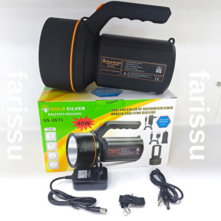 Gold Silver GS-2671 40W Şarjlı El Feneri – 8000mAh Güçlü Aydınlatma, Araçta Şarj Özellikli Taşınabilir Fener