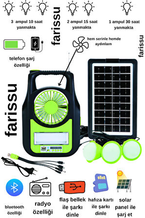 Taşınabilir Güneş Enerjili Aydınlatma Sistemi – Solar Panel, USB Şarj, Fan, Bluetooth, Radyo, 3 Ampullü Kamp Feneri