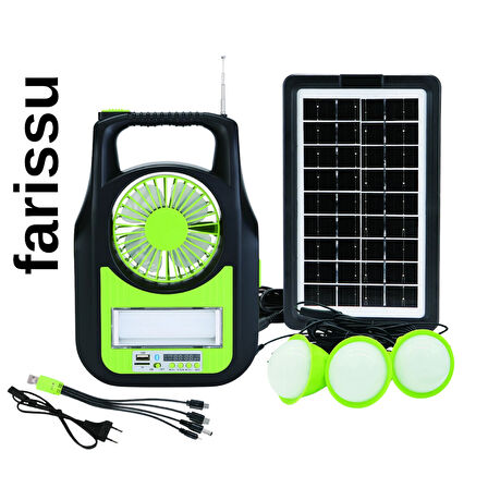 Taşınabilir Güneş Enerjili Aydınlatma Sistemi – Solar Panel, USB Şarj, Fan, Bluetooth, Radyo, 3 Ampullü Kamp Feneri