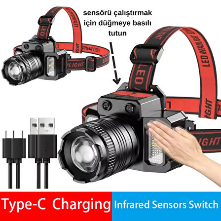 Zoom Sensörlü LED Kafa Feneri | USB-C Şarjlı, Yakınlaştırmalı, Dijital Göstergeli, Su Geçirmez