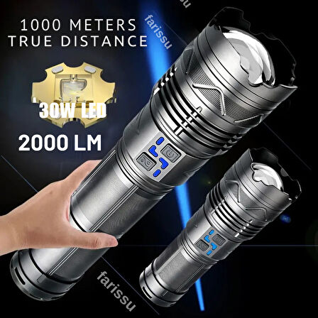 Süper Parlak 30W LED El Feneri - 2000 Lümen, 1000 Metre Menzil ve Powerbank Özelliği