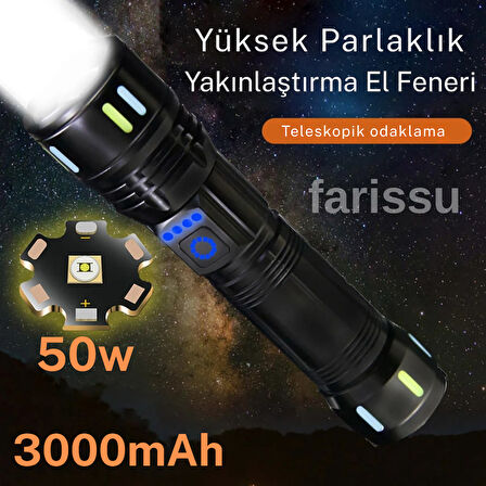 RT-171 1000 Lümen 50W Şarjlı LED El Feneri – 5 Modlu, Teleskopik Odaklamalı, Suya Dayanıklı