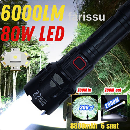 SMALL SUN SM-T288 80W 6000 Lümen 26800 mAh 1 ile 1,5 Km Menzilli Şarjlı El Feneri