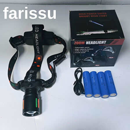 25-30W 6800mAh Zoomlu Kafa Feneri – 1000 Lümen, 1 KM Menzil, 4 Adet 18650 Pil yedek pilli