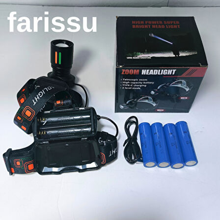25-30W 6800mAh Zoomlu Kafa Feneri – 1000 Lümen, 1 KM Menzil, 4 Adet 18650 Pil yedek pilli