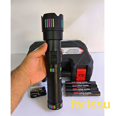 Gold Kama GK-63 Ultra Güçlü LED El Feneri - 150W, 15000 Lümen, Lazer Fonksiyonlu