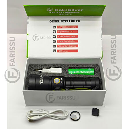 GS-7570 Şarjlı LED Fener - 20W, 1200 Lümen, 1.5 Km Zoom Menzil, 6000 mAh Batarya, Alüminyum Gövde