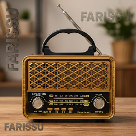 EVERTON RT-735 Retro Tasarım Güneş Enerjili Bluetooth USB/TF MP3 FM/AM/SW Radyo