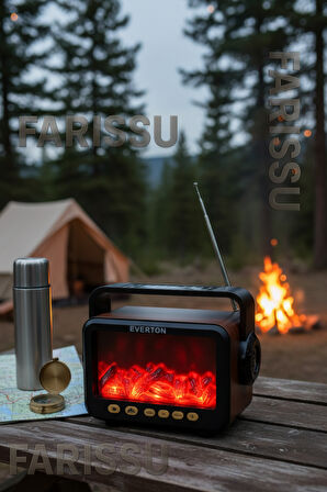 RT-734 Gerçek Eskitme Görünümlü Şömine Efektli Nostaljik Radyo | Güneş Enerjili, Bluetooth'lu, Fenerli