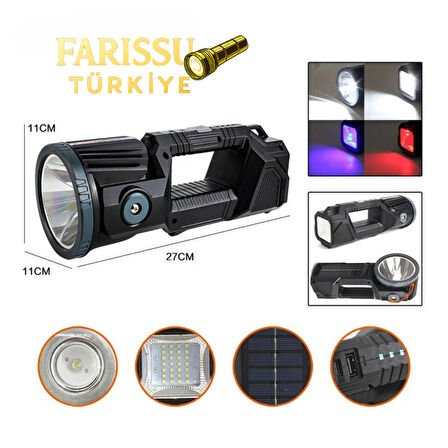 Güneş Enerjili P50 LED 180° Dönebilen Başlıklı Powerbank'li Profesyonel El Feneri & Projektör (6600mAh)