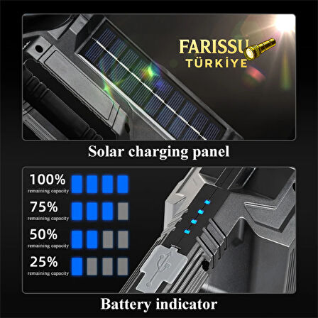 Güneş Enerjili P50 LED 180° Dönebilen Başlıklı Powerbank'li Profesyonel El Feneri & Projektör (6600mAh)