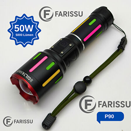 Goldkama P90 50W 5000 Lümen Profesyonel Taktik El Feneri - 1 KM Menzil, 8000mAh Bataryalı ve Zoomlu