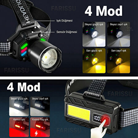 Sensörlü 30W Çift Işık (Sarı & Beyaz) Şarjlı Kafa Feneri - 10 Saate Varan Pil Ömrü ve Zoom Özellikli