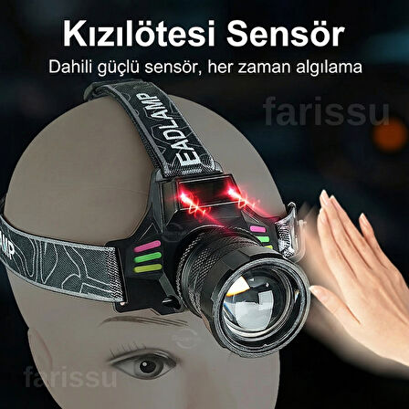 Ultra Güçlü 30W LED Sensörlü Kafa Lambası - 3000 Lümen, Dijital Şarj Göstergeli, Type-C Şarjlı