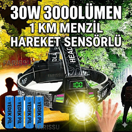Yedek Pilli  30W Sensörlü Kafa Lambası - Dijital Şarj Göstergeli, 3000 Lümen, Type-C Şarjlı Su Geçirmez