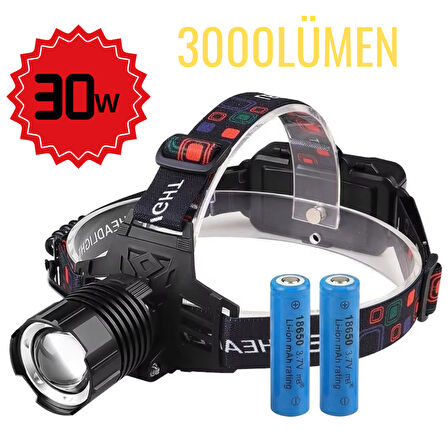 1 KM Menzilli 3000 Lümen Şarjlı Kafa Feneri - 30W Güç,  IPX-7 Suya Dayanıklı Kamp/Av Feneri