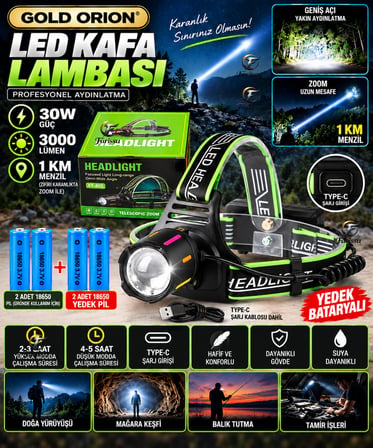 30W Ultra Güçlü LED Kafa Lambası (4 Adet Pilli - Yedek Bataryalı Set) - 3000 Lümen 1000m Menzil