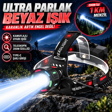 30W Ultra Güçlü LED Kafa Lambası (4 Adet Pilli - Yedek Bataryalı Set) - 3000 Lümen 1000m Menzil