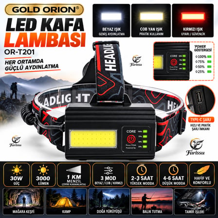 30W 3000 Lümen 1 KM Menzilli Zoomlu Kafa Lambası + Yedek 18650 Batarya Seti (Kesintisiz Güç)