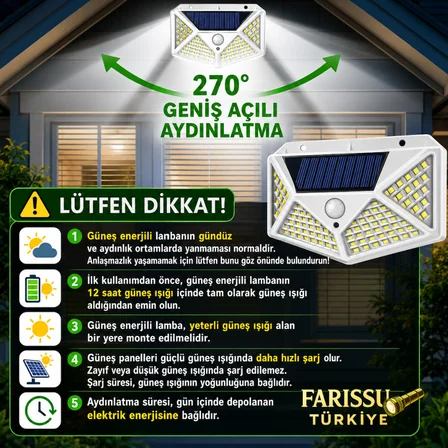 100 LED Solar Hareket Sensörlü Dış Mekan Bahçe Lambası (2 Adet)