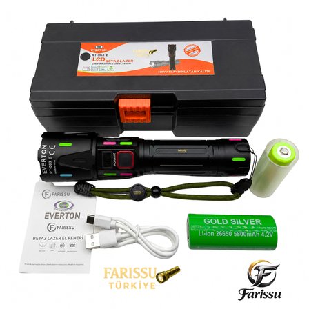 Ultra Güçlü Beyaz Lazer LED El Feneri - 2 KM Menzilli & Powerbank Özellikli (Çift Pil Setli)