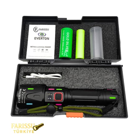 Ultra Güçlü Beyaz Lazer LED El Feneri - 2 KM Menzilli & Powerbank Özellikli (Çift Pil Setli)