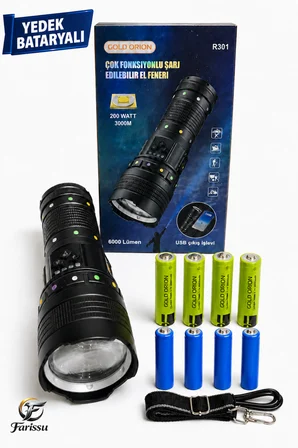 R301 Ultra Güçlü 200W Şarjlı El Feneri - 18650 Model Yedek Pilli Set, 3000m Menzil, Powerbank Özellikli