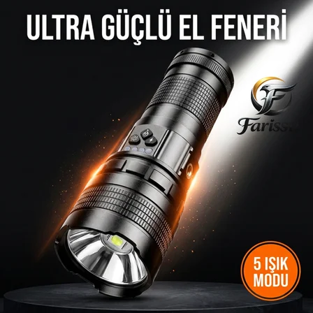 R301 Ultra Güçlü 200W Şarjlı El Feneri - 18650 Model Yedek Pilli Set, 3000m Menzil, Powerbank Özellikli