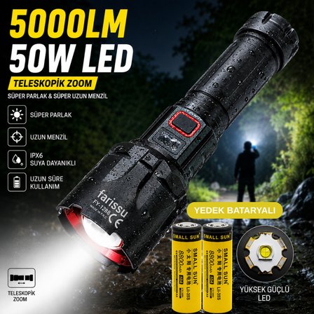 FY-T288 50W 5000 Lümen Ultra Parlak Şarjlı El Feneri | Yedek Bataryalı 1.5 Km Menzilli Powerbank Özellikli