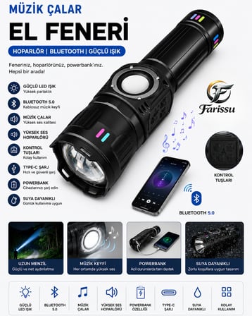 50W 5000 Lümen Bluetooth Hoparlörlü Şarjlı El Feneri – 5400 mAh Powerbank, 1 KM Menzil,  Kamp Feneri